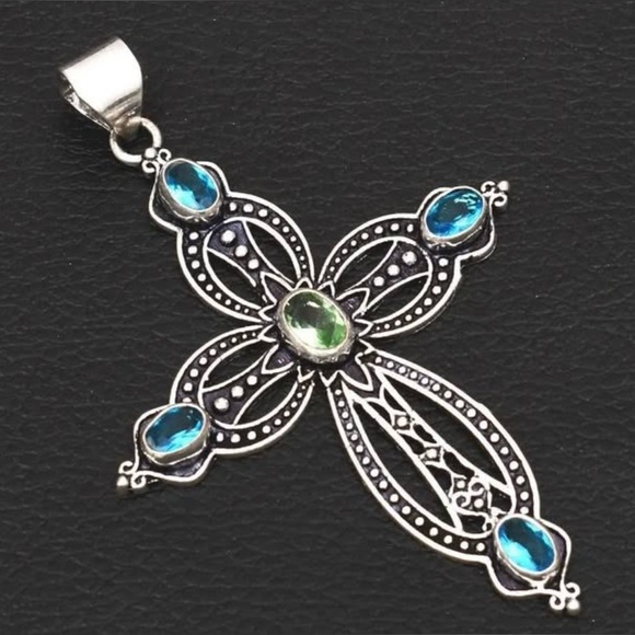 Blue Topaz & Peridot Sterling Silver 2.5” Cross Pendant - Picture 3 of 7
